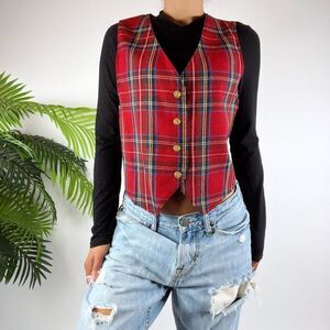 Vintage 90s Grunge Red Preppy Old Money Academia Dark Plaid Vest / Size: Small